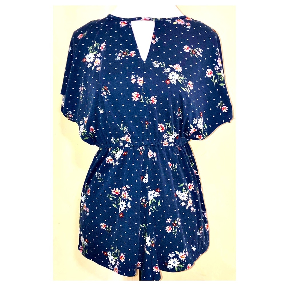 Bebop Navy Blue Floral & Dots Print Shorts Romper, Sz S